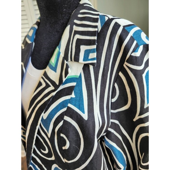 Transition Women's 100% Linen Jacket size 10 Blazer Geometric Black & Blue LNC - Picture 2 of 7